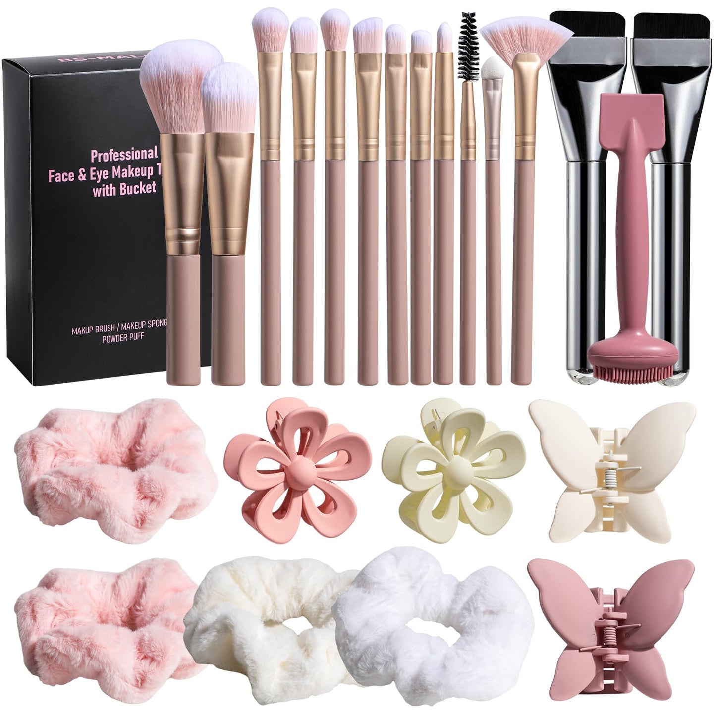 BS-MALL Travel Makeup Brush Set 23 Pcs,with Hair Ties, Clips & Dual-Head Silicone Face Mask Brush for Flawless Makeup For Girls Party Bedroom