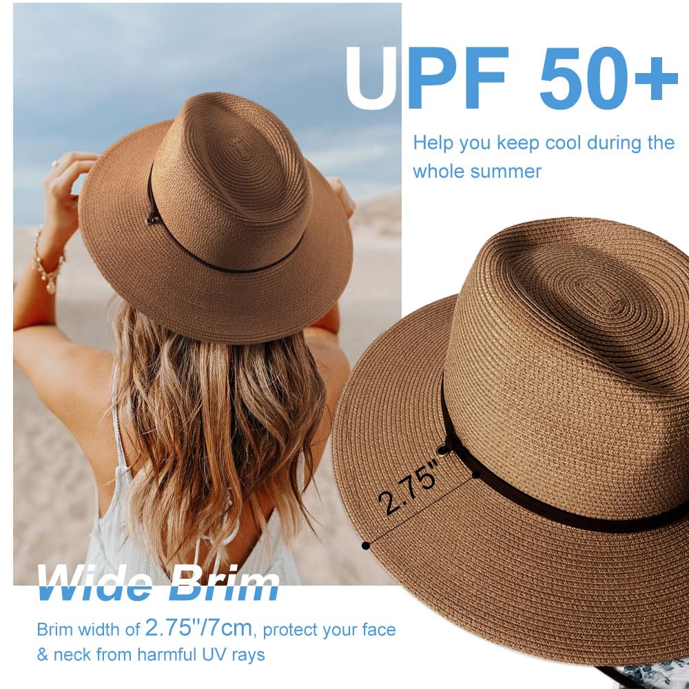 DRESHOW Womens Summer Straw Sun Hat Wide Brim Bucket Hats Fedora Hat Panama Beach Hat with Chin Strap UPF 50+