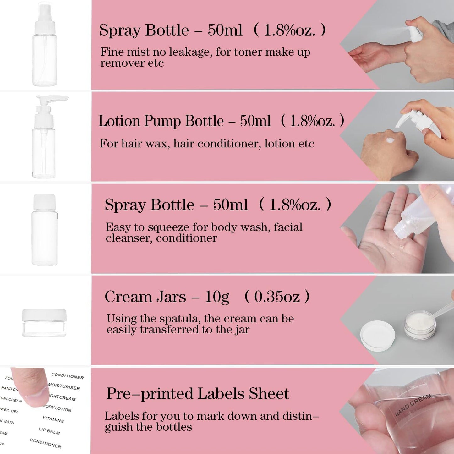 Portable Travel Bottles Kit, Upgraded TSA Approved Leak Proof Toiletry Containers Set, Clear PET Flight Size Cosmetic Containers for Lotion, Shampoo, Cream, Soap, Set of 12, White
