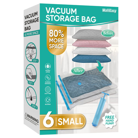 MattEasy Space Saver Vacuum Storage Bags, 6 Pack Space Saver Bags with Pump, Storage Vacuum Sealed Bags for Clothes, Comforters, Blankets, Bedding (6 Small)