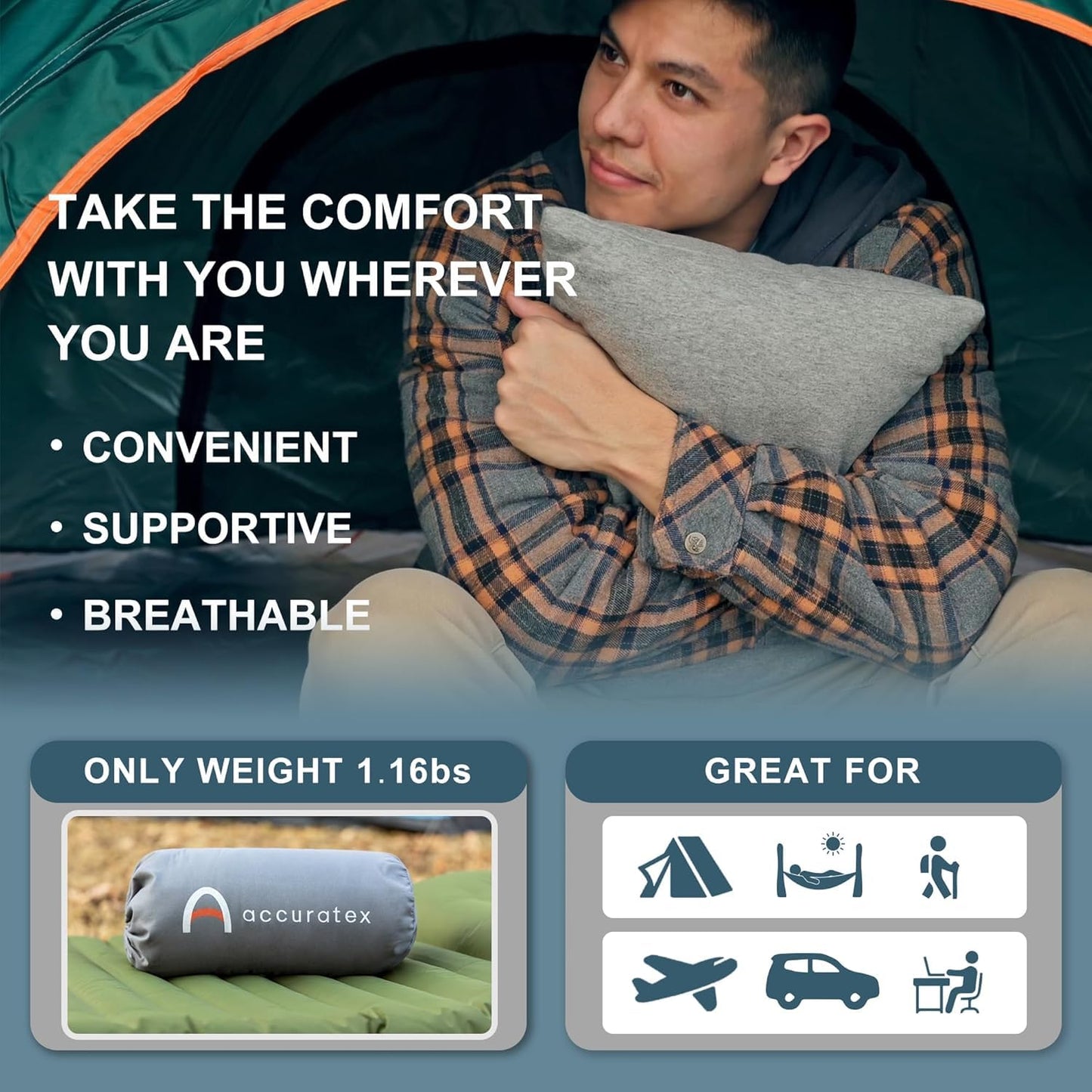 ACCURATEX Camping Pillow-100% Cotton Breathable Cover,Shredded Memory Foam Compressible Travel Pillow,Camping&Travel Accessories-Small Backpacking Pillow Camping Essentials for Sleeping,Car&Airplane