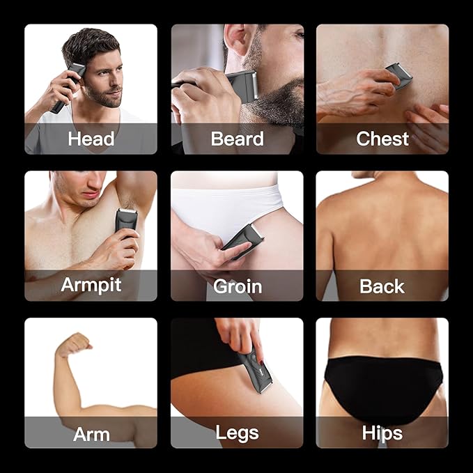 2-in 1 Body Hair Trimmers for Men, Pubic Groin Hair Trimmer for Men with Dual-Head Trimmer & Foil Blade, Electric Ball Trimmer Razors w/Light, Charging Dock, Waterproof Body Groomer Shaver Kit