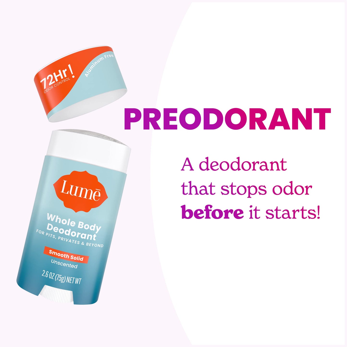 Lume Whole Body Deodorant - Smooth Solid Stick - 72 Hour Odor Control - Aluminum Free, Baking Soda Free and Skin Safe - 2.6 Ounce (Pack of 2) (Unscented)