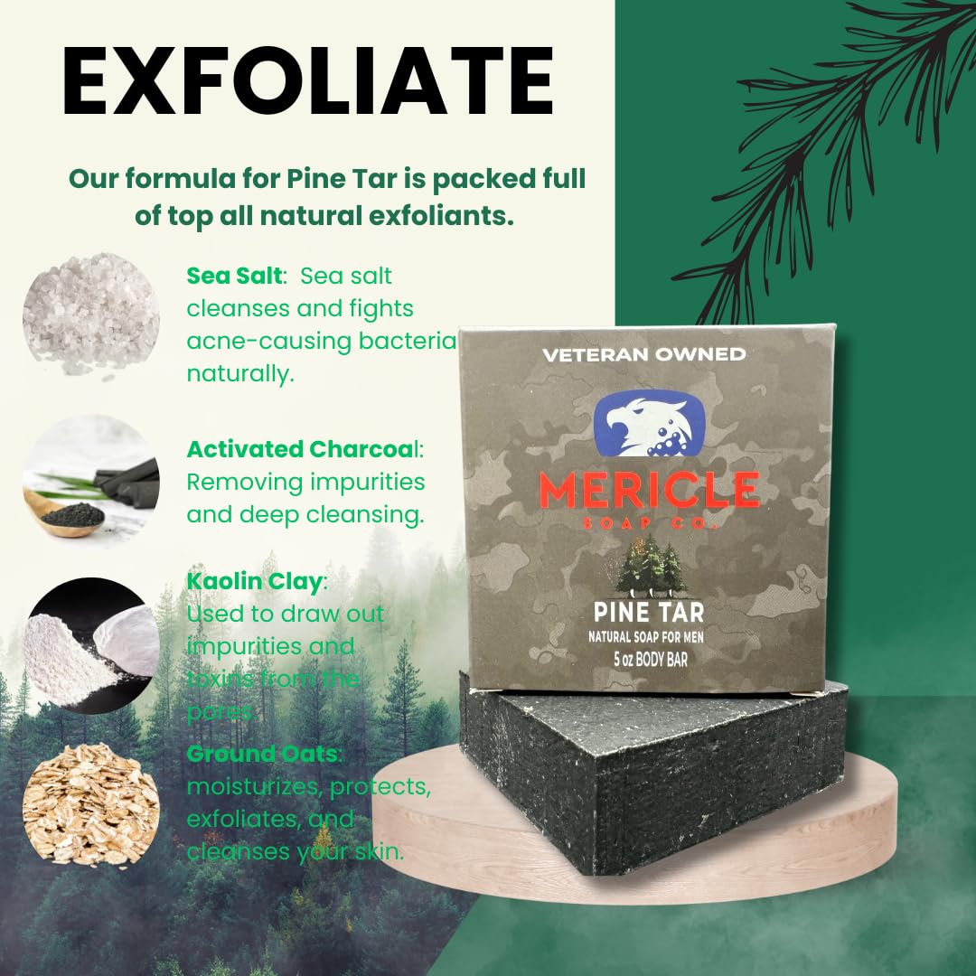 Mericle Soap Co. Pine Tar Organic 5oz Body Bar | Veteran Owned | Traditional Cold Process Technology | 100% Natural Ingredients | No Harsh Chemicals | Exfoliating | Made in the USA - Pack of 3