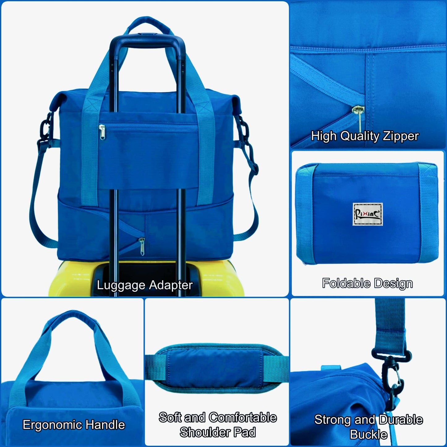 Foldable Travel Duffle Bag with Multiple Pockets, 40L Expandable Weekender Bag for Women, Overnight Carry On Gym Tote with Water Bottle Holder (Blue)