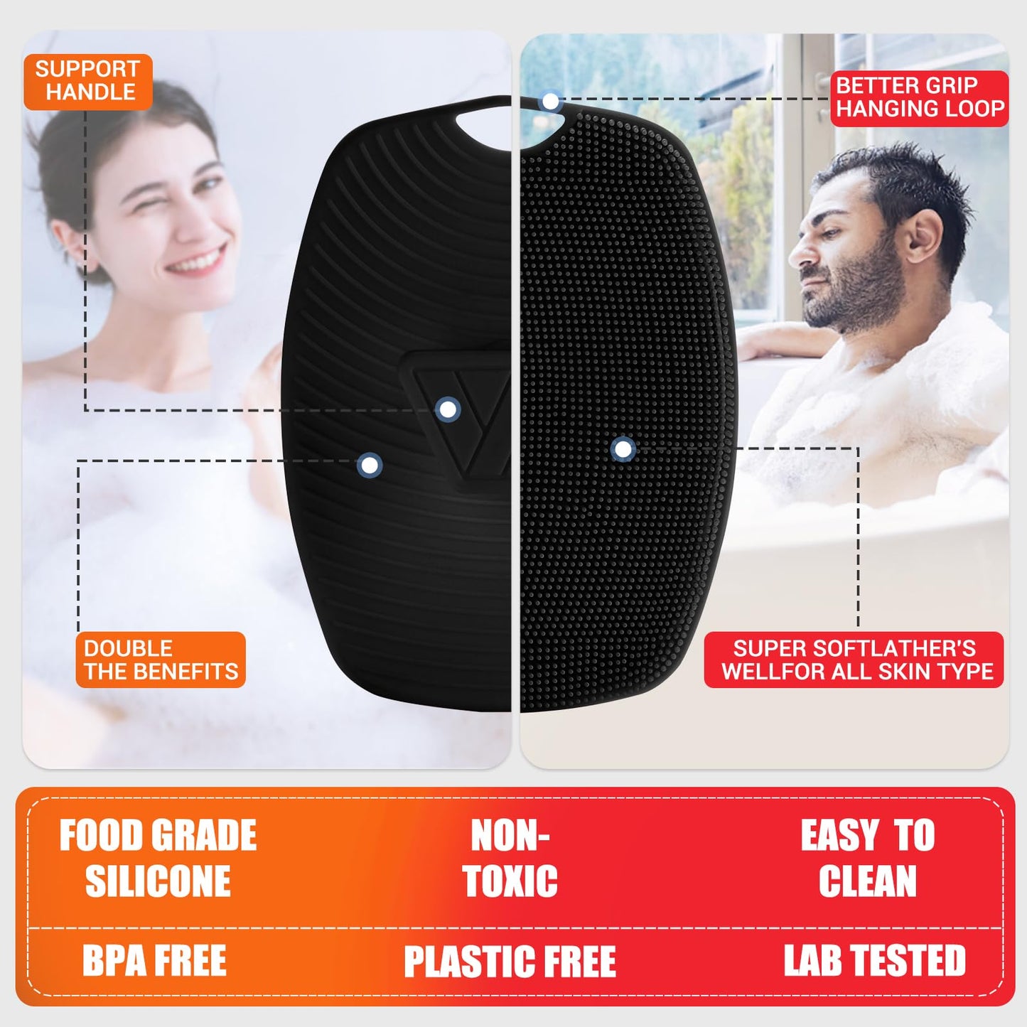 Canroom Zinc Infused Silicone Body Scrubber for Shower,Food-Grade Handheld Cleansing Skin Brush, Gentle Exfoliating and Lather Well - Black