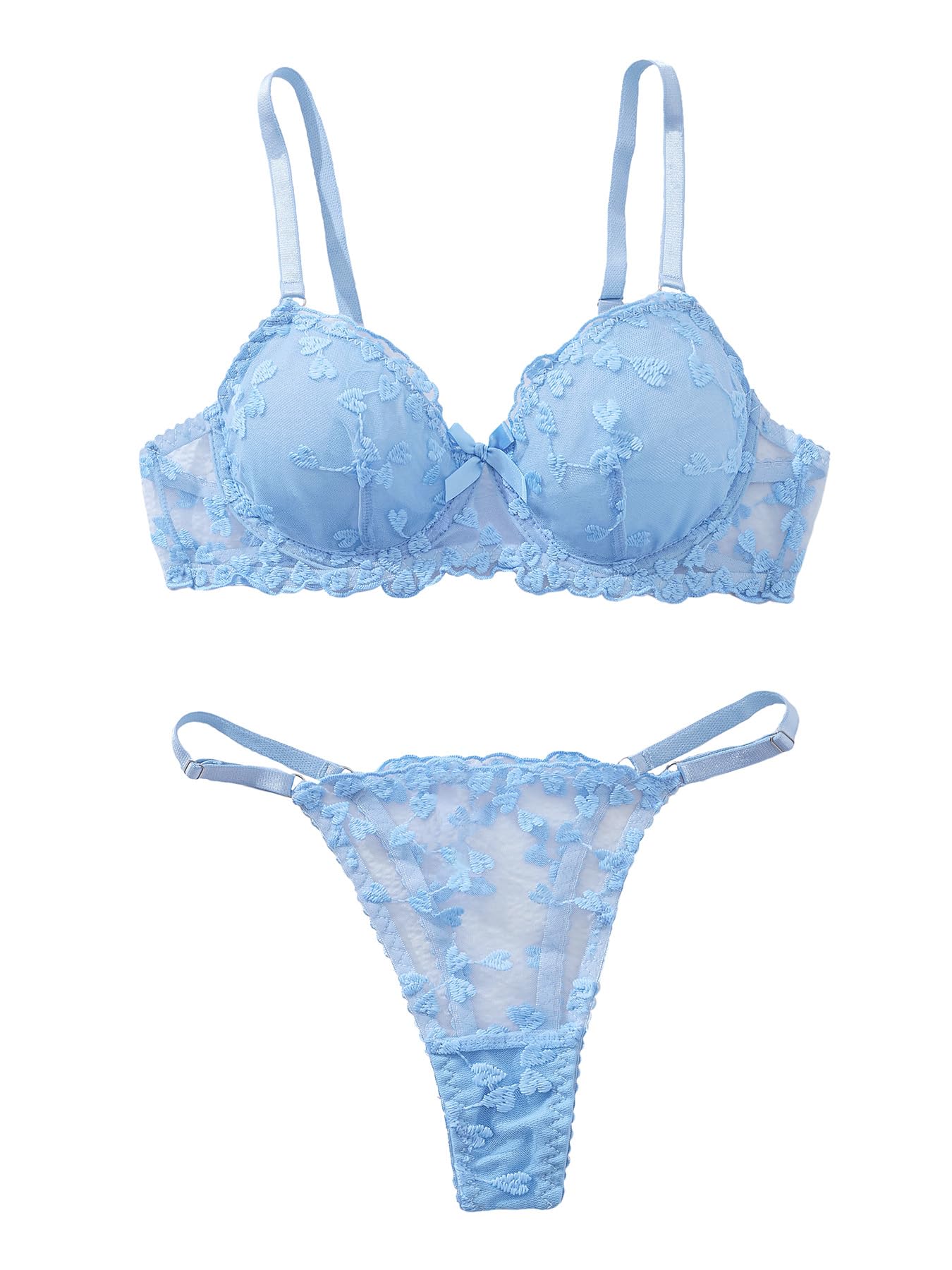 Aimedalis Sexy Strappy Embroidered Mesh Lingerie For Women Cute Underwire Push Up Bra And Panty Set Good Gifts For Wife (A Light Blue M)