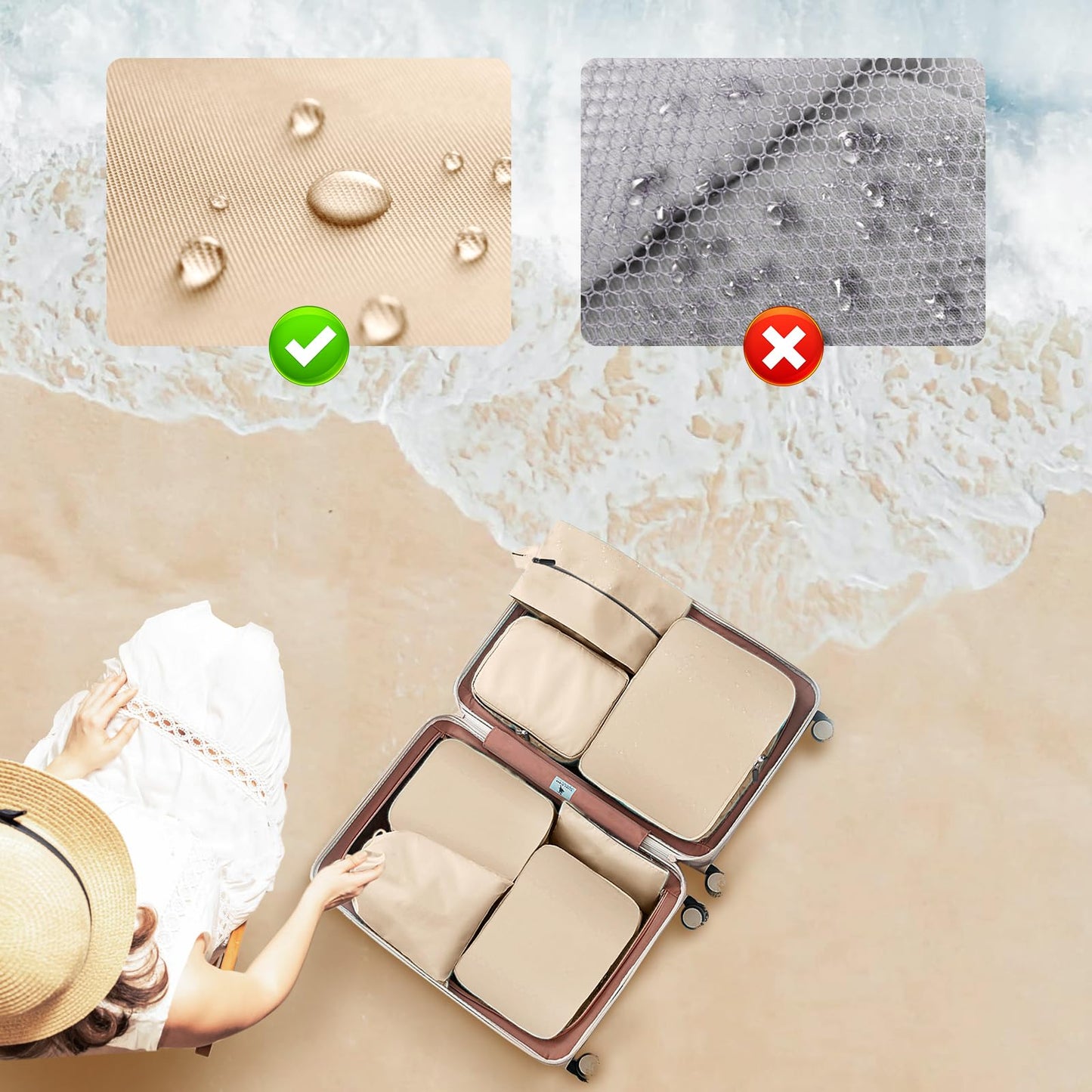 Lhelca 7 Set Packing Cubes Various Sizes Latest Double-Sided Water-Resistant Packing Organizer for Travel Accessories Luggage Carry On Suitcase Cream