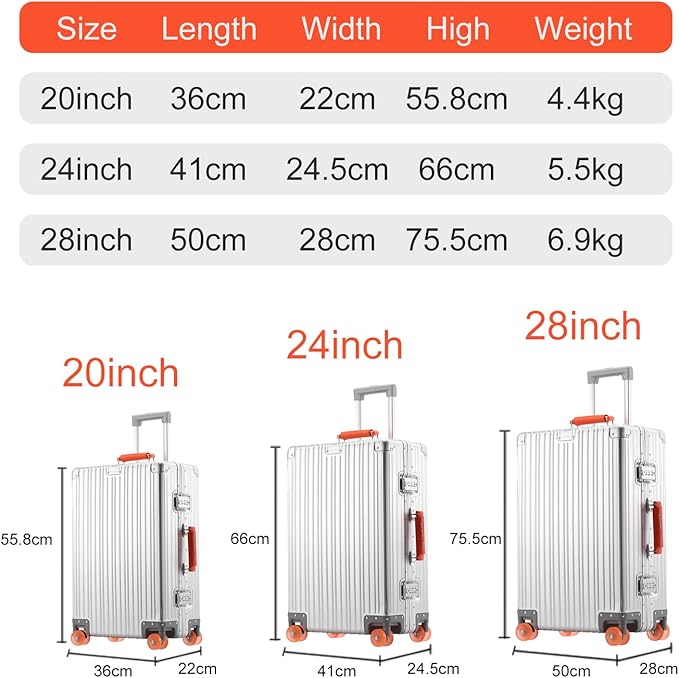 22x14x9 inch Cabin Suitcase, Carry-on Full Aluminum Body Suitcase, 20 Inch 100% Aluminum Hard Shell Luggage with PU Wheels,56x36x22cm Aluminium Large Luggage with TSA Locks(Silver)