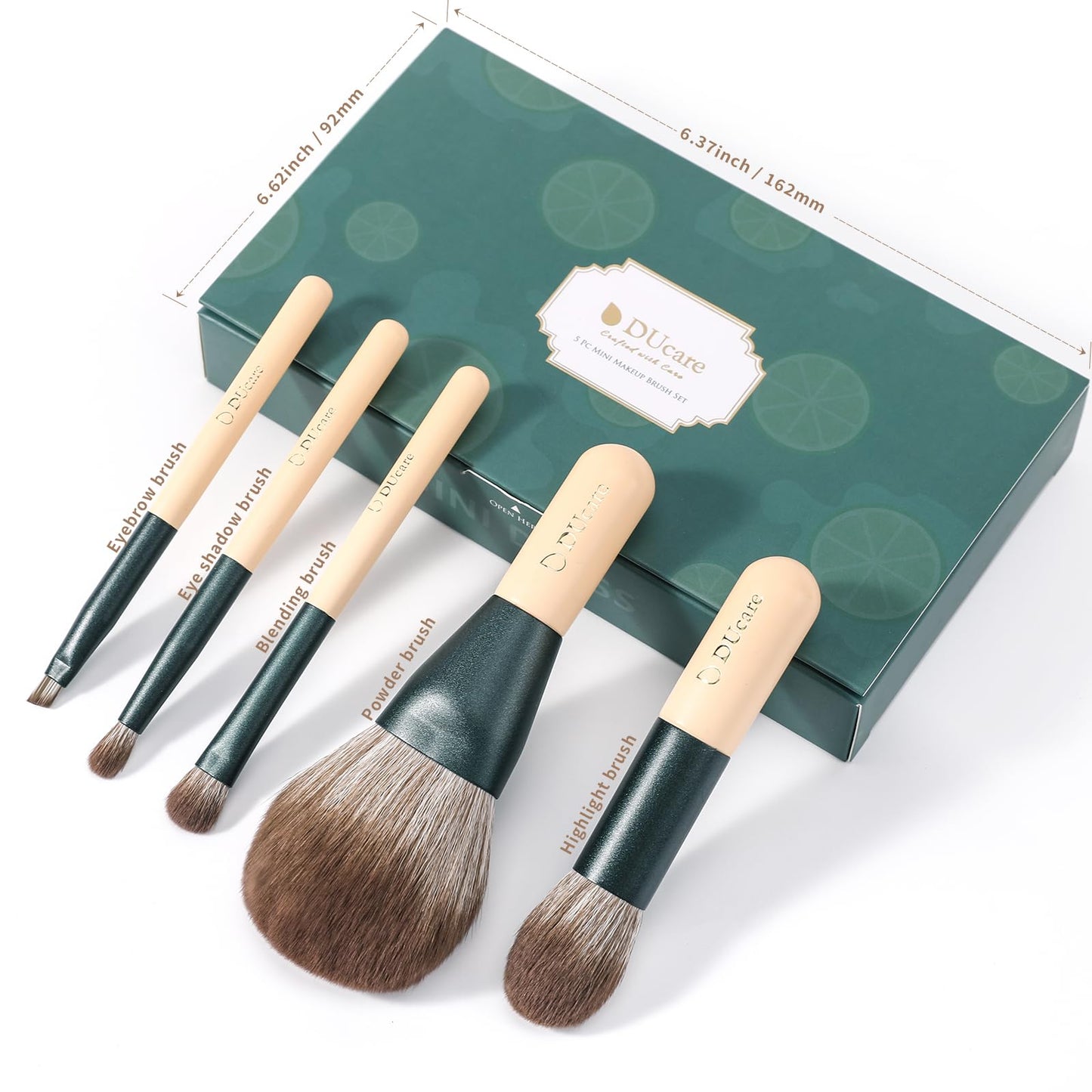 DUcare Travel Makeup Brushes Set with Bag,5PCS Portable Mini Cosmetic Brushes Kit for Powder,Blush,Foundation, Eyeshadow, Tapered Kabuki Coverage Mineral Bronzer Buffing Brush Green