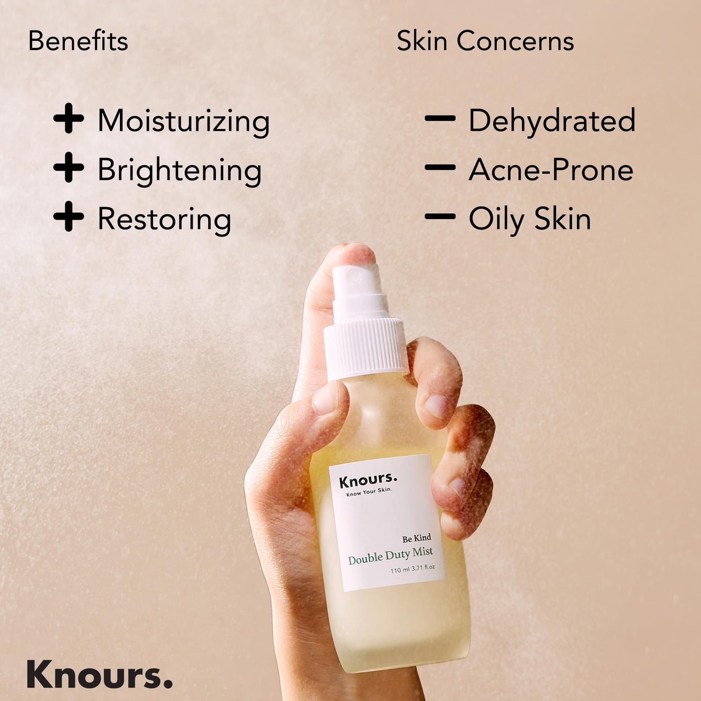 Knours Korean Cycle-Conscious 3 M's Hydrating Jojoba Oil + Aloe Vera H2O | Knours Be Kind Face Mist Spray | Vegan Squalane | Dry, Sensitive Skin | for Redness | EWG Verified |110ml/3.72oz
