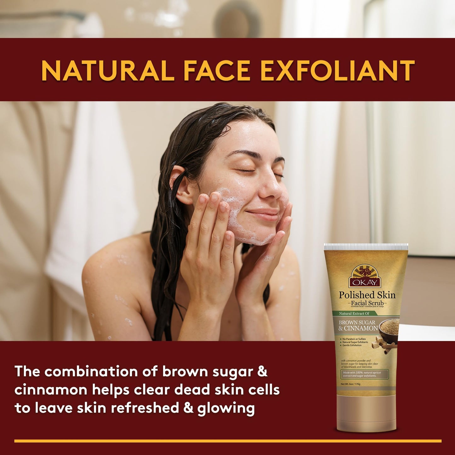 OKAY PURE NATURALS BROWN SUGAR and CINNAMON FACIAL SCRUB 6oz / 170gr