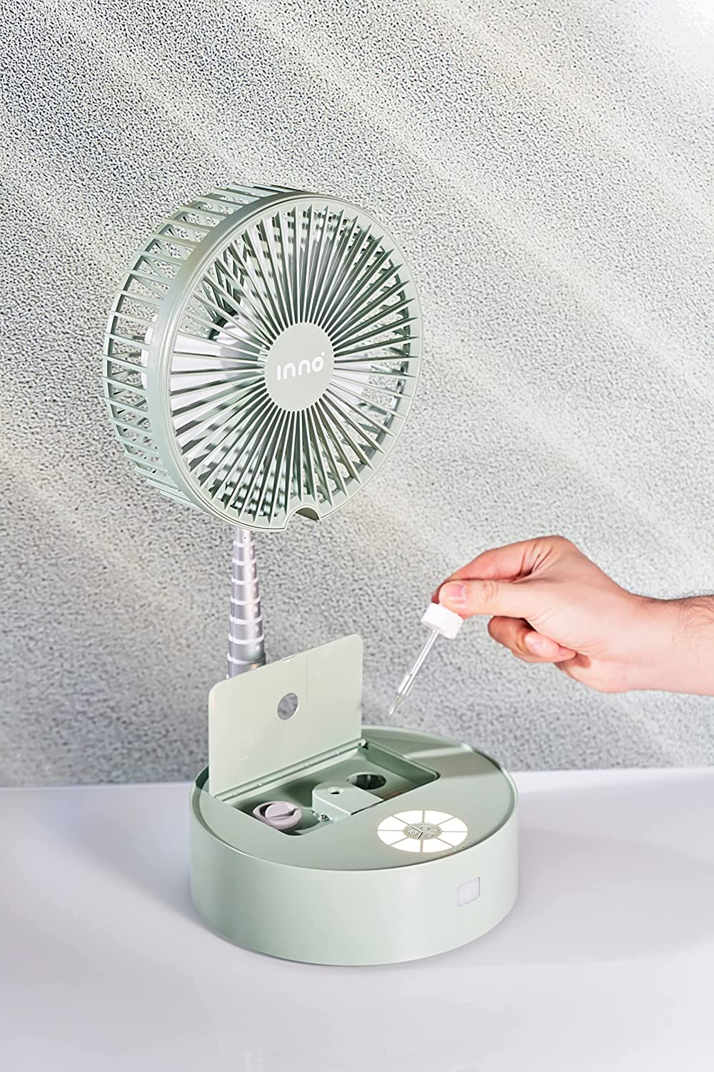 Portable Fan & Essential Oil Diffuser – Foldable Standing or Desk Fan with Night Light, Air Diffuser, Humidifier – 24 Hr. Run Time (Green)