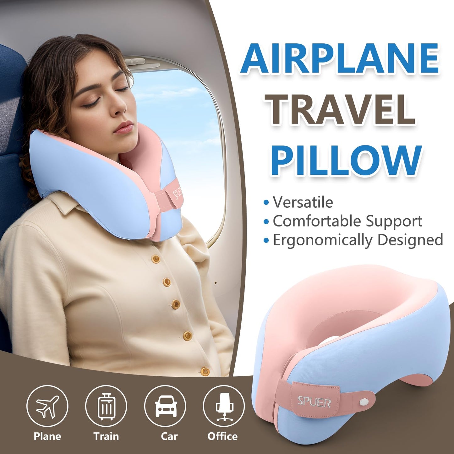 2in1 Ergonomic Memory Foam Travel Neck Pillow – Upgrade Travel Pillow for All Sleep Positions on Flights, Road Trips, and Long Distance Travel with Drawstring Bag (Adjustable - Blue and Pink)