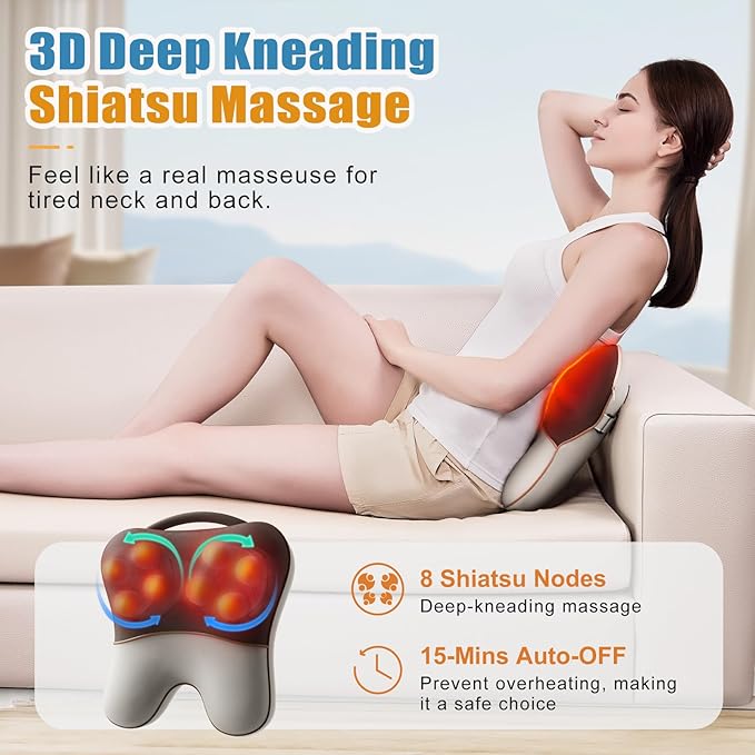 Shiatsu Neck and Back Massager with Heat, Back Massager for Pain Relief Deep Tissue, Massager for Neck and Shoulder Pain, Massage Pillow with Cover, Adjustable Straps & Portable Handle (No Battery)