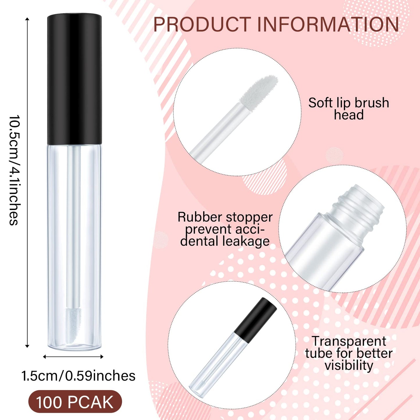 Nuanchu 100 Pcs 10 ml Empty Lip Gloss Tubes Clear Mini Refillable Balm Containers Bottles Plastic Lip Gloss Containers with Wand and Rubber Inserts DIY Makeup(Black)