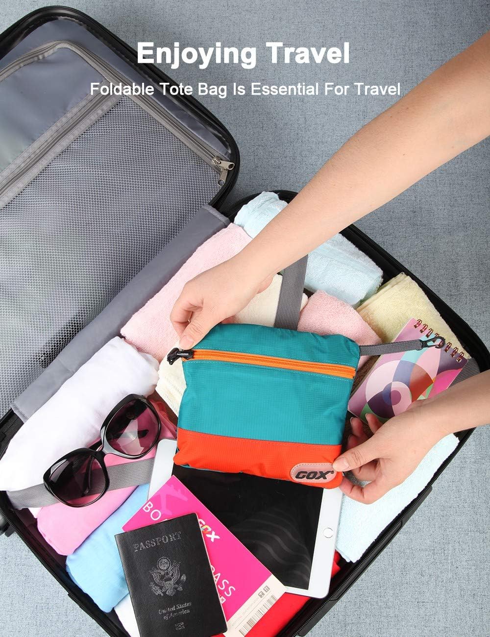 GOX Foldable Bags for Travel Duffel Bag Packable Tote Bag Carry on Luggage Weekender Overnight Bag for Women (Turquoise)