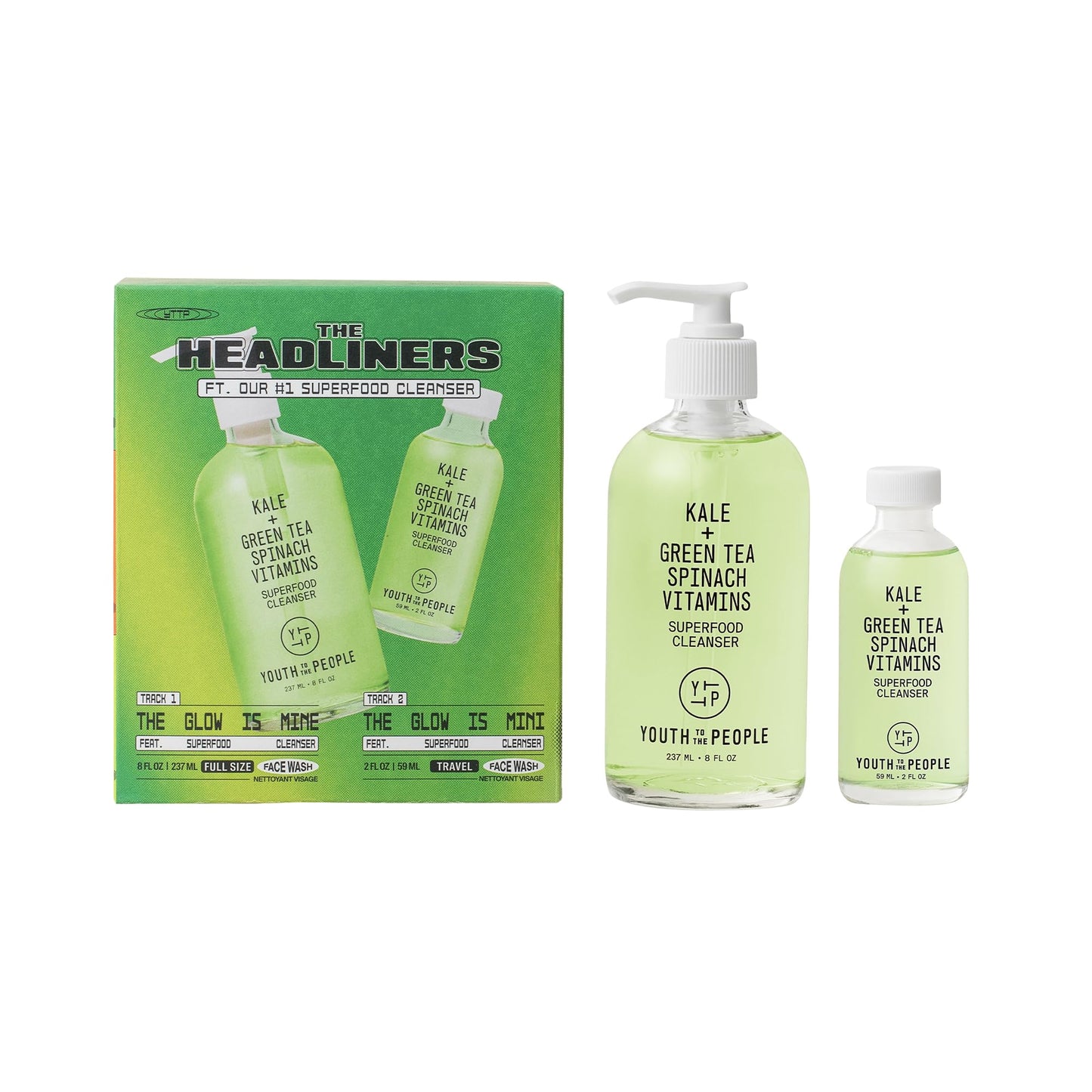 Youth To The People The Headliners Skincare Giftset - 2-Pc Superfood Antioxidant Face Cleanser Set, Full Size & Mini Travel Facial Wash, pH Balance Gentle Makeup Remover, for Pores, Acne, Blemishes