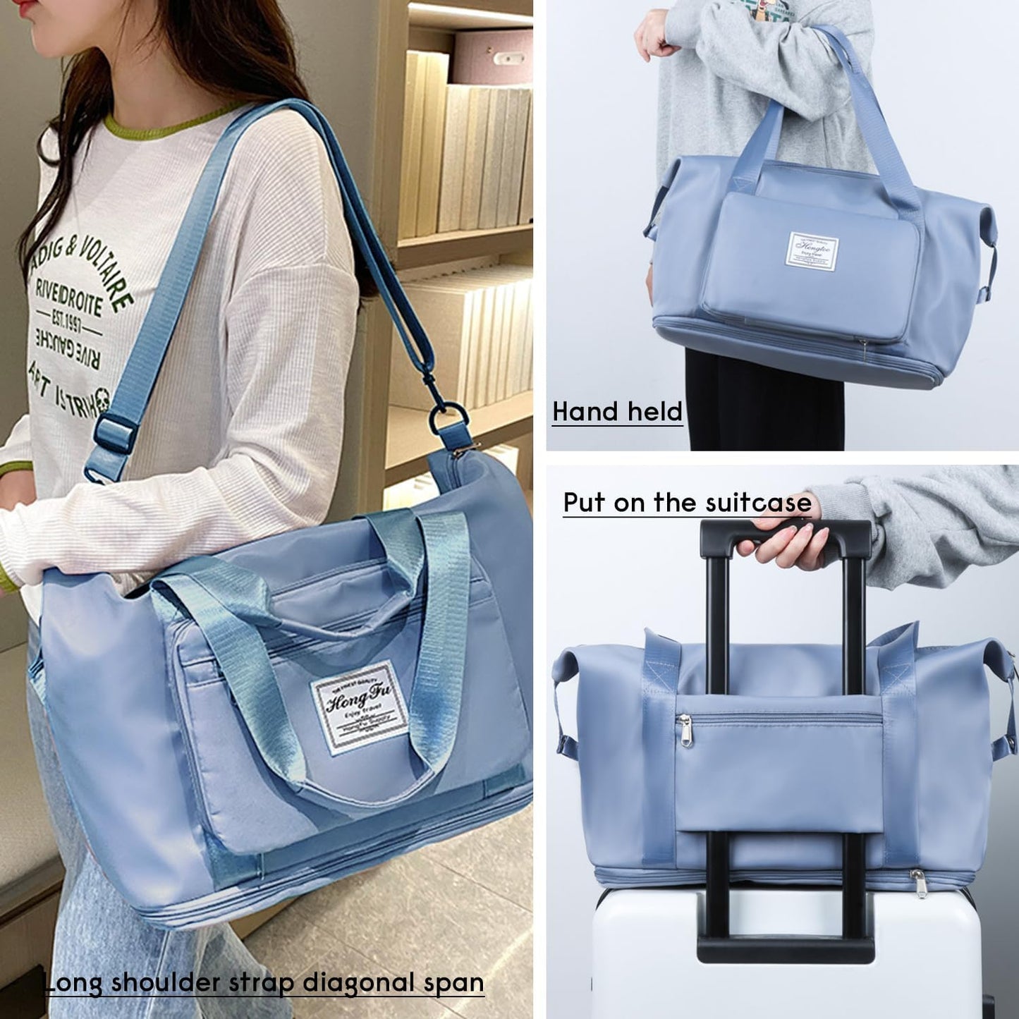 Large Foldable Travel Bag,Foldie Travel Duffel Bags Expandable Women Carry On Overnight Tote Handbag Weekender Sports Duffle,Folding Portable Tote Bags with Trolley Sleeve,Dry and Wet Separation