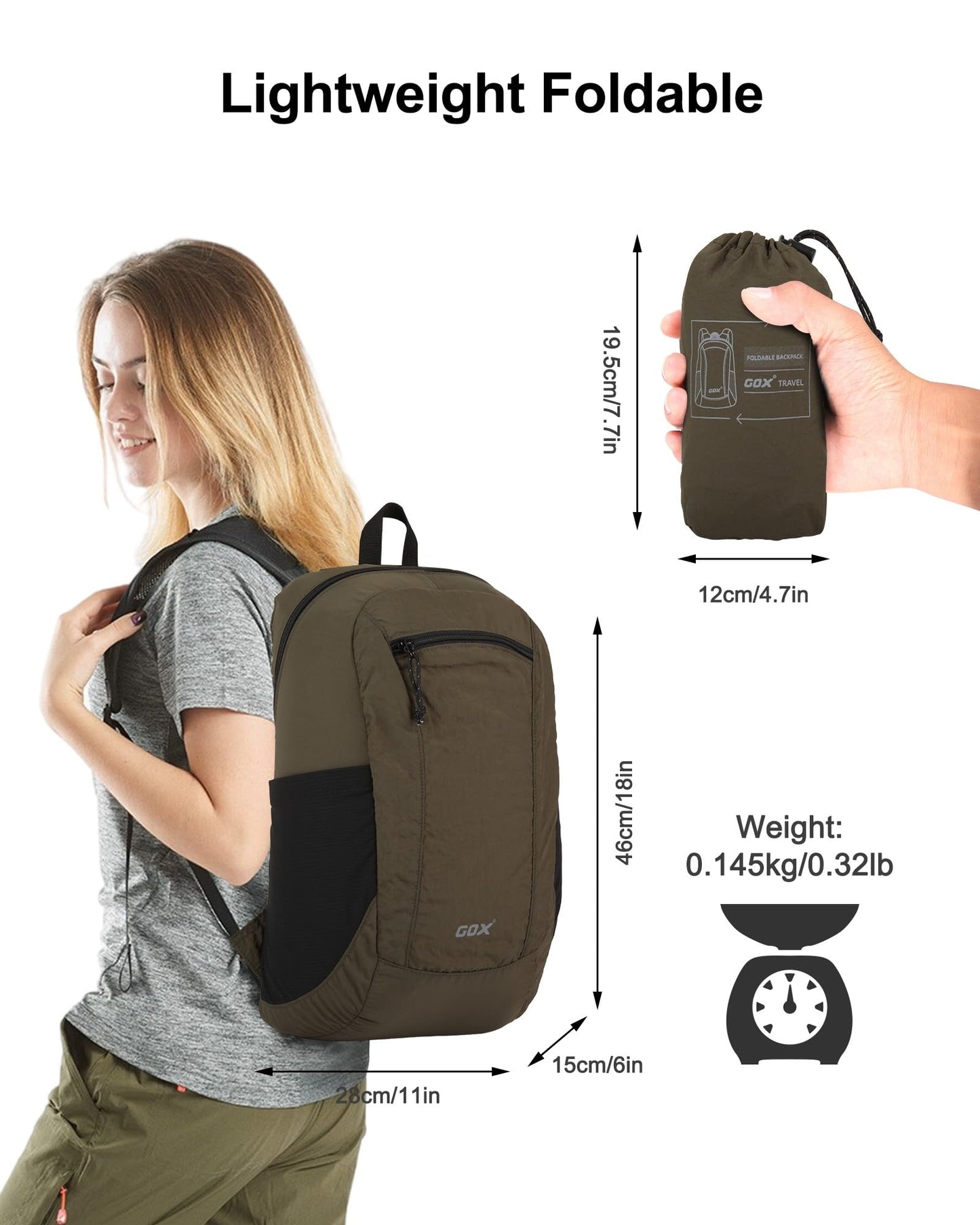 GOX Foldable 20l Backpack For Travel Lightweight Hiking Packable Daypack for Men Travel Camping Outdoor Bag Women (Jasper)