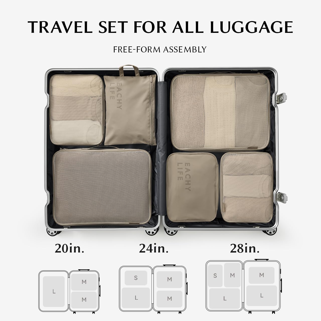 EACHY 6 Set Compression Packing Cubes for Travel & Carry-On, Space-Saving Luggage Organizers & Compression Bags for Clothes & Shoes, Ideal for Vacation & Cruise Essentials