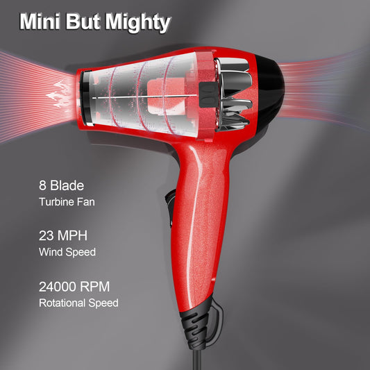 LURA Travel Hair Dryer with Diffuser,Small Dual Voltage Hair Dryers for Women,Mini Portable Blow Dryer for Men,Lightweight Compact Blow Dryer with European Plug(Red