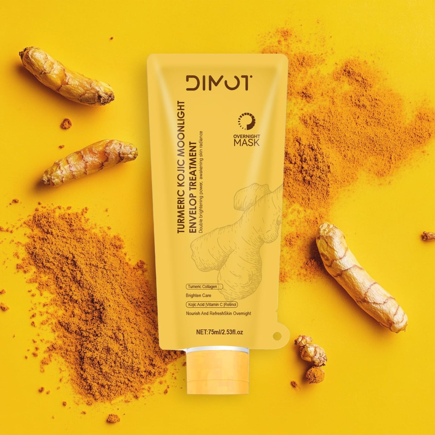 Turmeric Collagen Night Wrapping Mask with Retinol - Hydrating, Firming & Glowing Facial Mask Nourishes Skin, Refines Skin Texture - Turmeric Peel off Mask With Brush for All Skins, 2,53 fl.oz