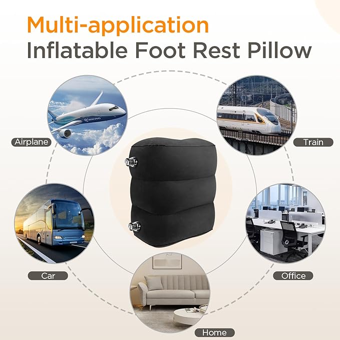 Inflatable Travel Foot Rest Pillow(2 Packs), Adjustable Height Leg Pillow,Fast Inflating Airplane Bed for Toddlers,Footrest Pillow for Office, Airplane,Train,Cars,Home (Black)
