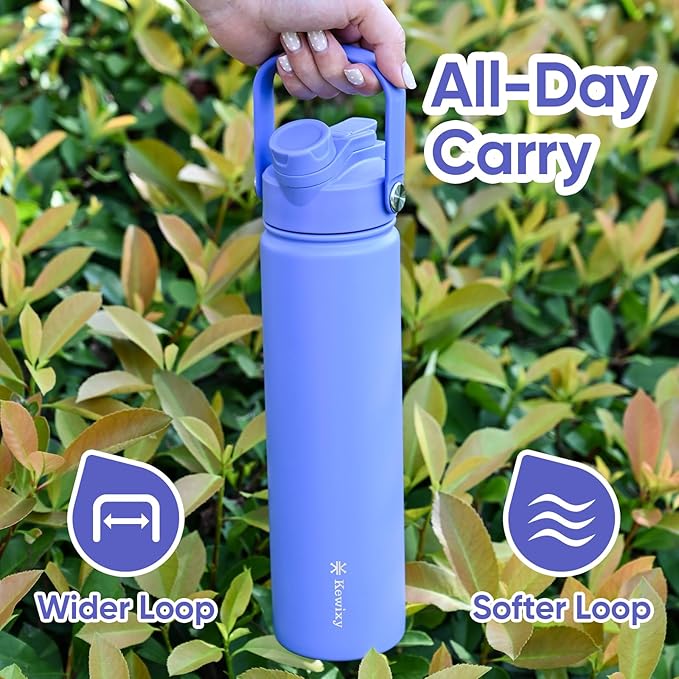 24 oz Insulated Water Bottle, 2-in-1 Lid, Straw & Spout with Protected, Leak Proof, Keep Cold, Stainless Steel, Metal, Reusable, Handle, for Travel, Gym and School, 2 Lids, Aurora Blue