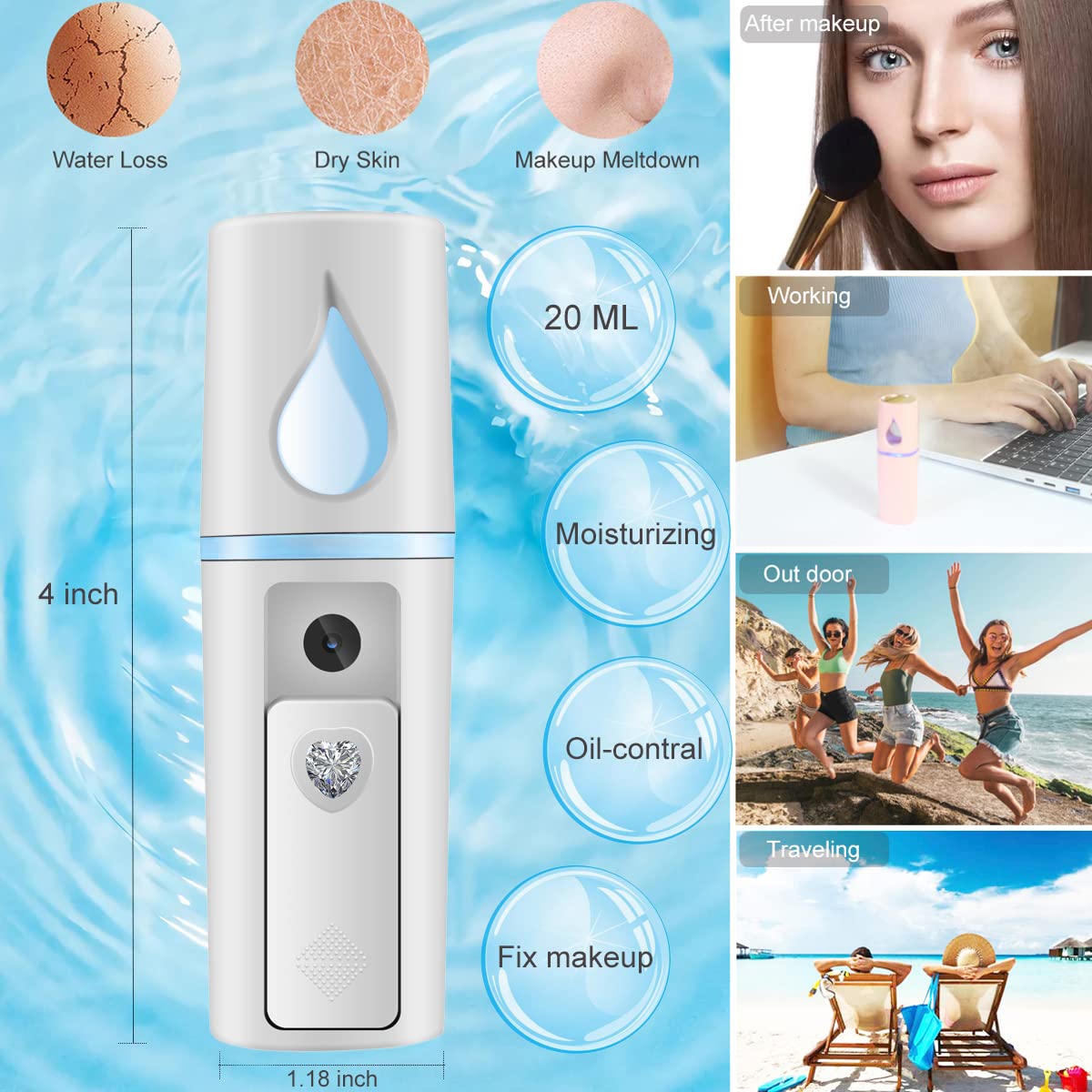 Nano Facial Mister Portable Mist Sprayer with Mirror Mini Cool Mist Spray for Skin Care & Facial Body Moisturized & Eyelash Extensions, USB Rechargeable (White)