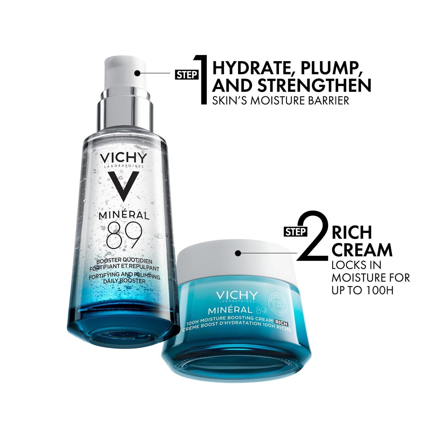 Vichy Mineral 89 Cream, 100H Rich Fragrance Free Moisture Boosting Cream + Mineral 89 Booster 50ml, Hydrating Face Moisturizer Set with Hyaluronic Acid & Niacinamide