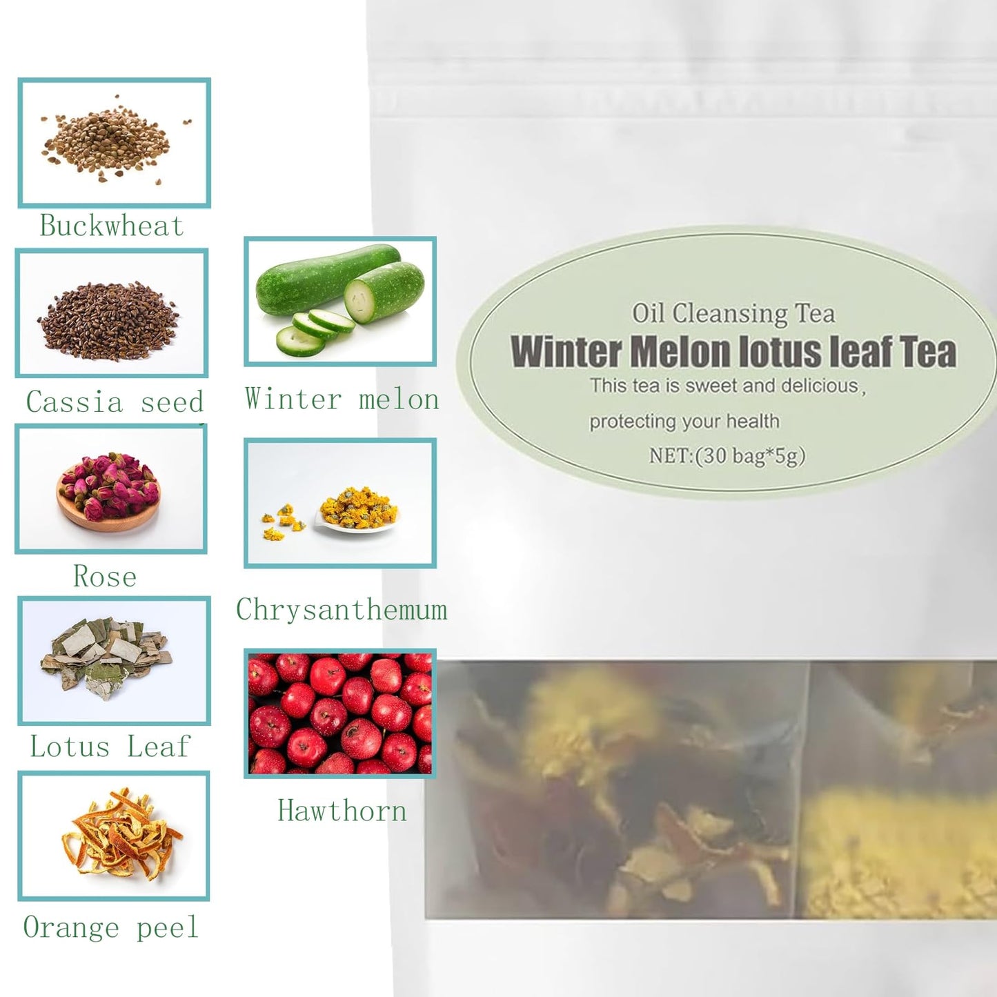 2 Pack -60 Bags Winter Melon Lotus Leaf Tea,Chrysanthemum,Winter Melon,Orange Peel,Cassia Seed,Buckwheat,Hawthorn,Lotus Leaf,Red Rose,Blend Formula Tea (2box)