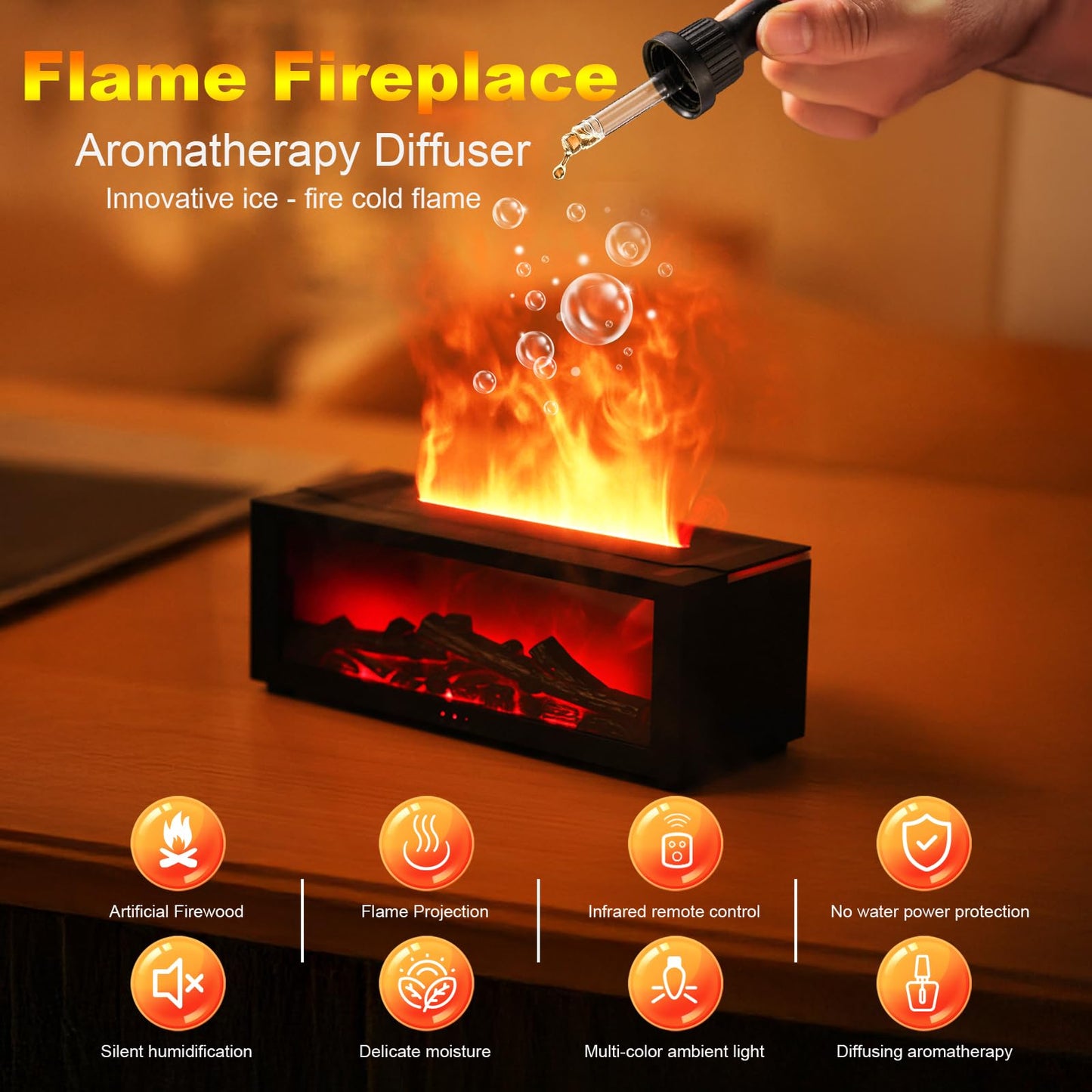 Mini Fireplace Diffusers for Essential Oils Fireplace Humidifier with Remote 150ml Fireside Ultrasonic Humidifier Bonfire Flame Diffuser with 7 Colors Light for Home Room Office (Black)