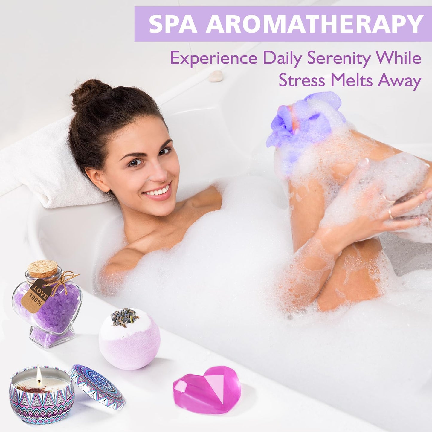 Lavender Spa Gifts Set for Women, Birthday Gifts for Her Mom Wife Daughter Grandma Sister Girlfriend Workmate, Home Bath Care Package, Relaxation Self Care Gift Bath Set Get Well Gift Box