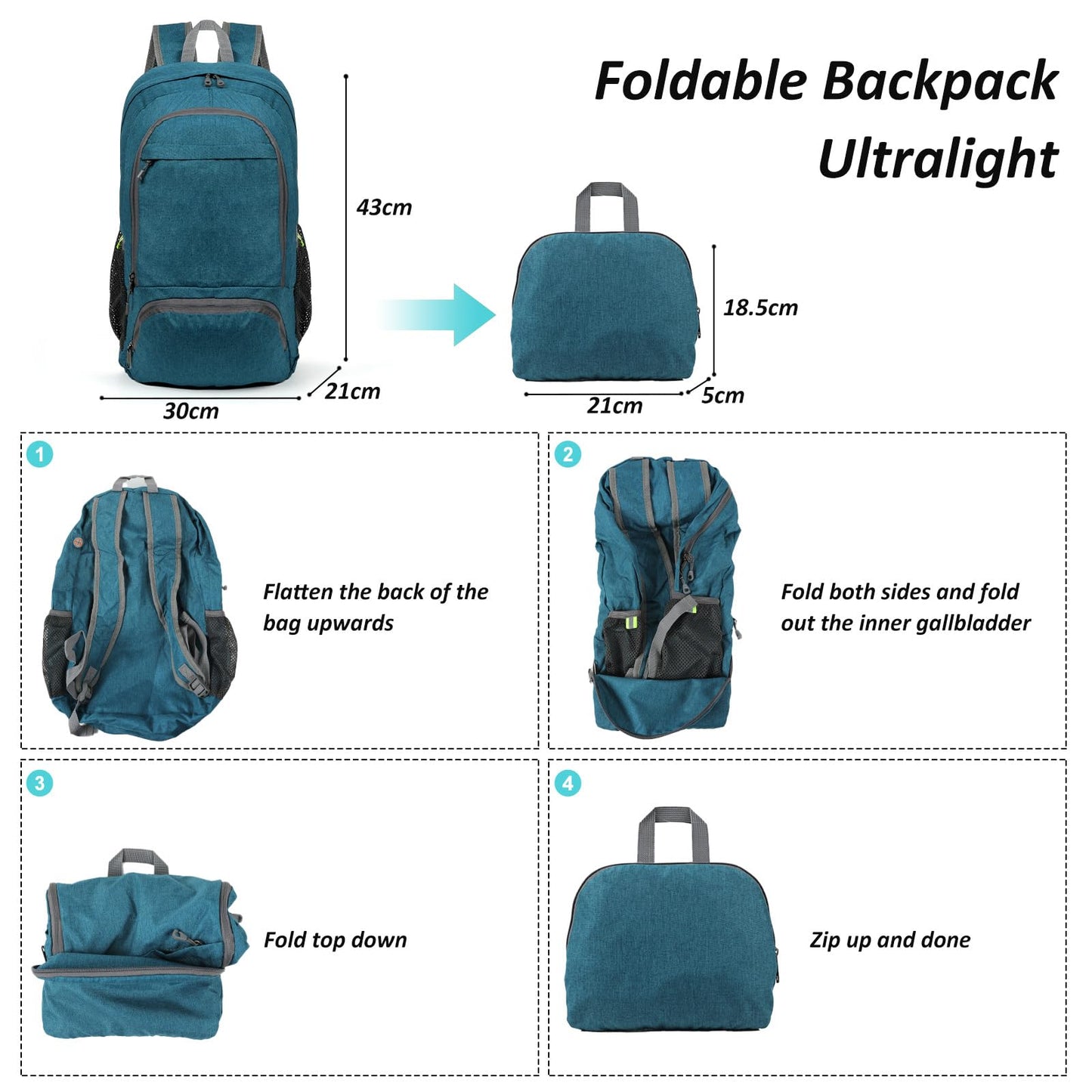 TANTOMI Small Hiking Backpack, 25L Ultralight Foldable Camping Backpack Breathable Travel Backpacks Hiking Daypack for Men Women (Teal Blue)