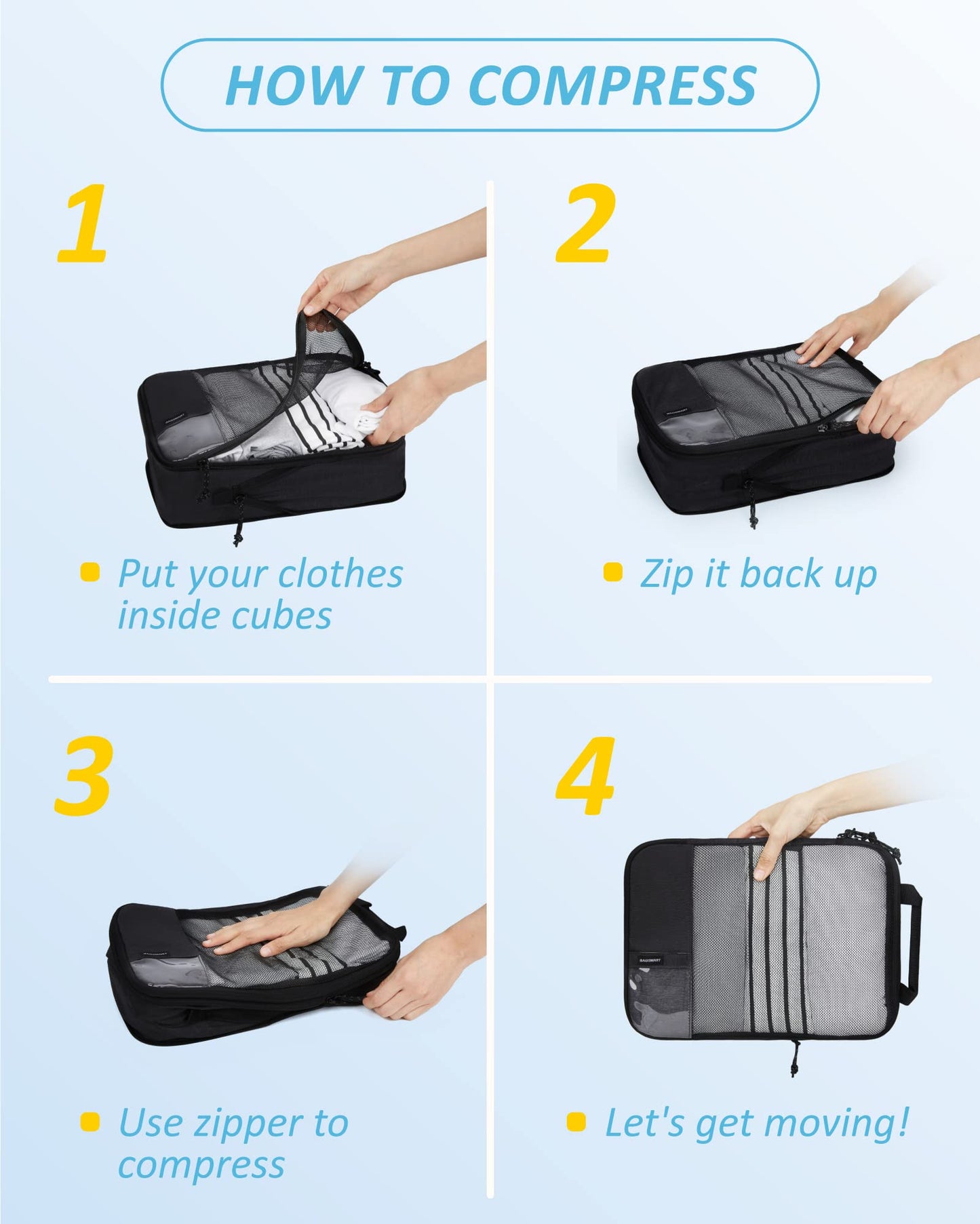 BAGSMART 6 Set Compression Packing Cubes for Travel, Lightweight Vacation Travel Essentials for Men, Travel Accessories for Suitcase Organizer Bags Set, Durable Luggage Organizer Travel Bags