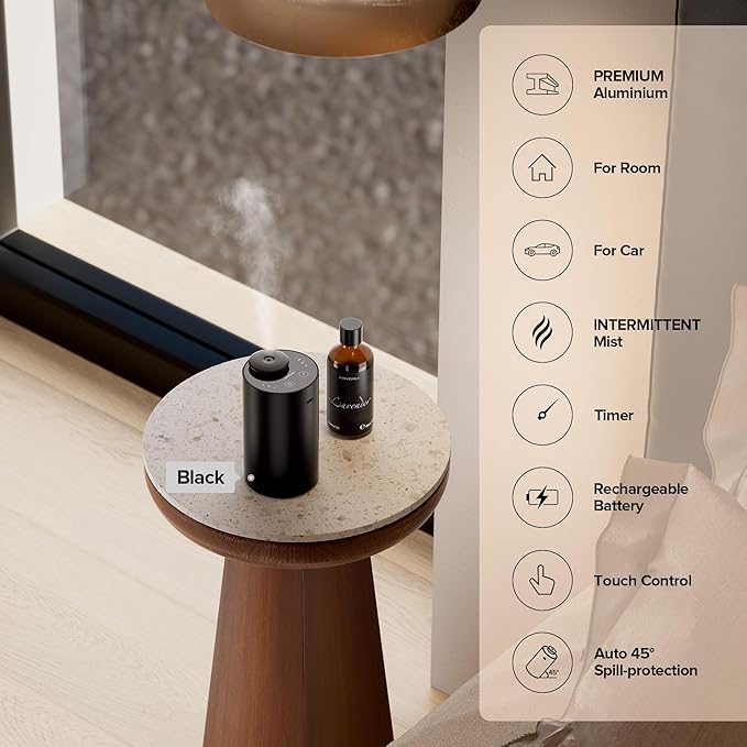 Waterless Essential Oil Diffuser Starter Kit with 30mL Hotel Scent Fragrance Oil Inspired by Ritz-C., Battery Operated Premium Portable Mini Scent Air Machine for Home Car Office, Black ANX