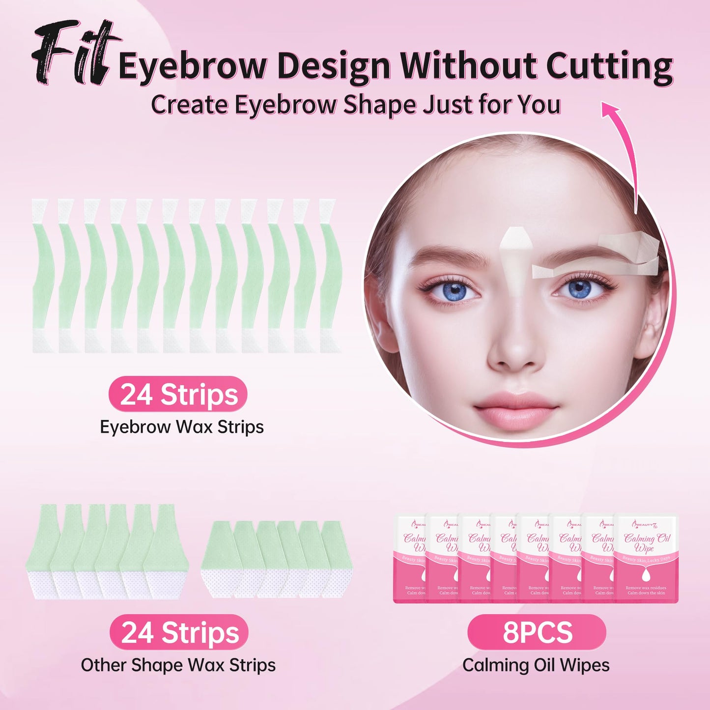 Beauty7 Wax Strips Kit for Sensitive Skin, Facial Hair Removal for Eyebrow, Lip, 24 Strips & 4 Calming Oil Wipes, At Home Waxing for Women