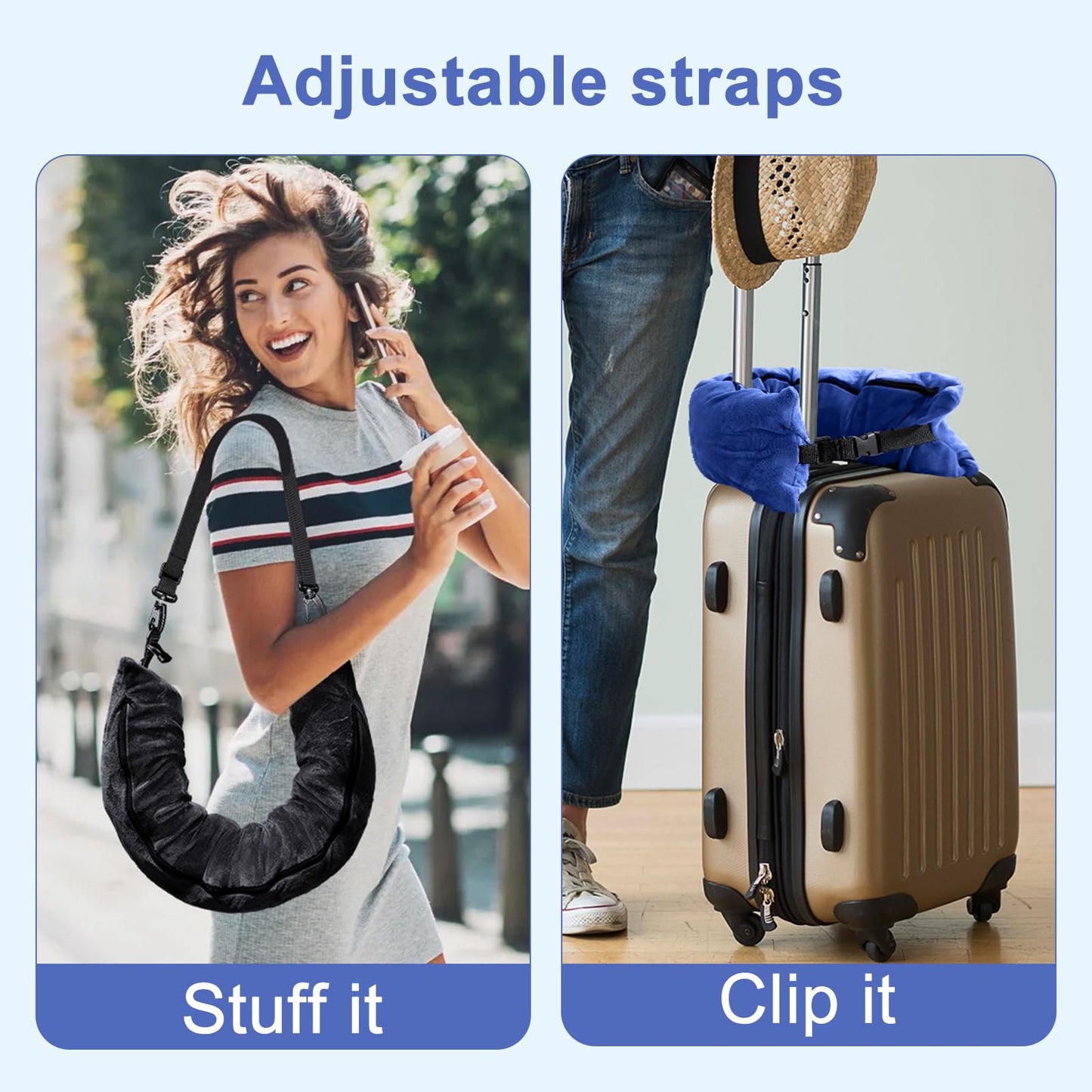 Eppyyo 2Pack Stuffable Travel Pillow for Extra Luggage, Velvet Travel Neck Pillow with Adjustable Neck Size, Fits About 6 T-Shirts Travel Essentials Multifunctional Sleeping Rest Cushion(Blue)