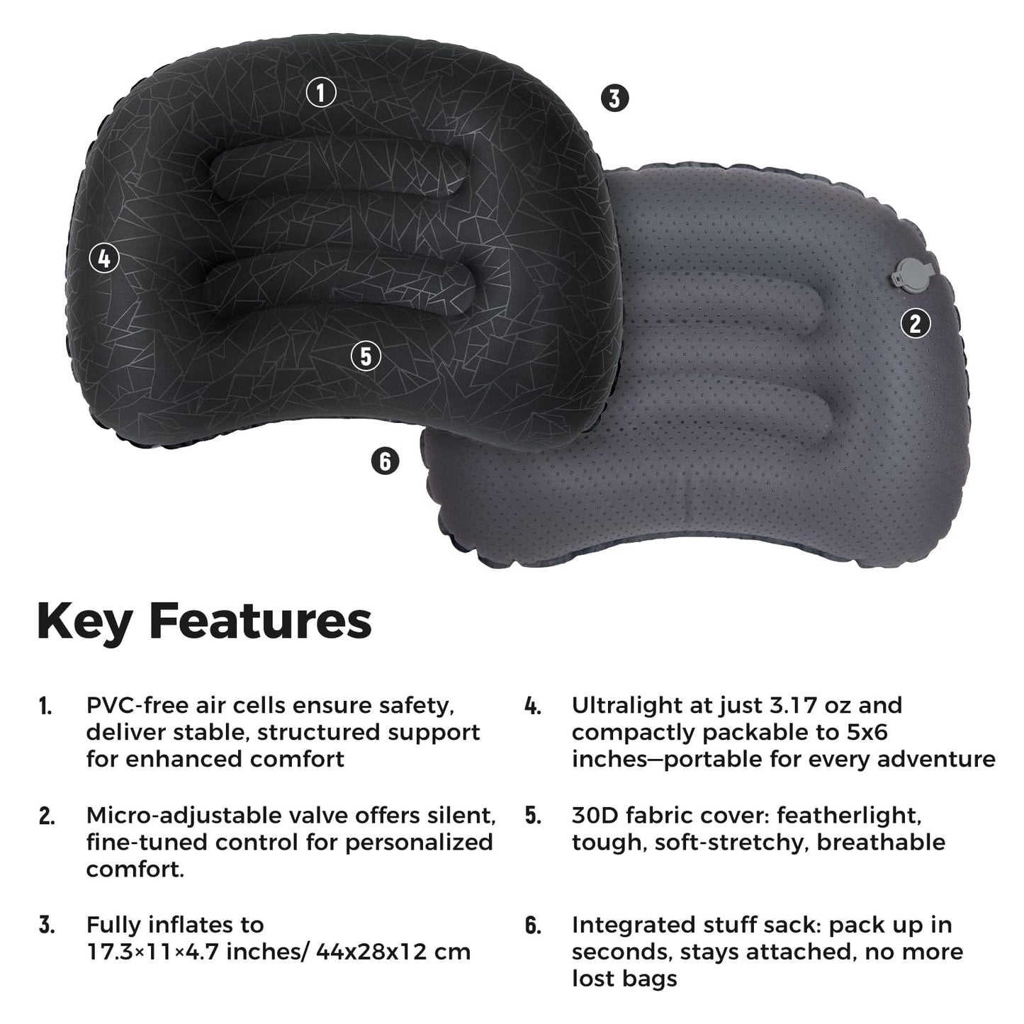 ATEPA Inflatable Camping Pillow, Ultralight Waterproof Travel Pillow with Ergonomic Support & Leak-Proof Air Valve, Compact Portable Pillow for Hiking Backpacking Tent Airplane Beach, Black