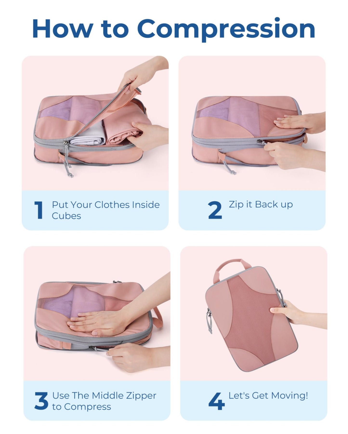 BAGSMART Compression Packing Cubes for Travel, Compressible Luggage Organizer for Carry On Suitcase, Lightweight Travel Essentials 6-Pack 1L+2M+2S+1Shoe Bag,Clay Pink