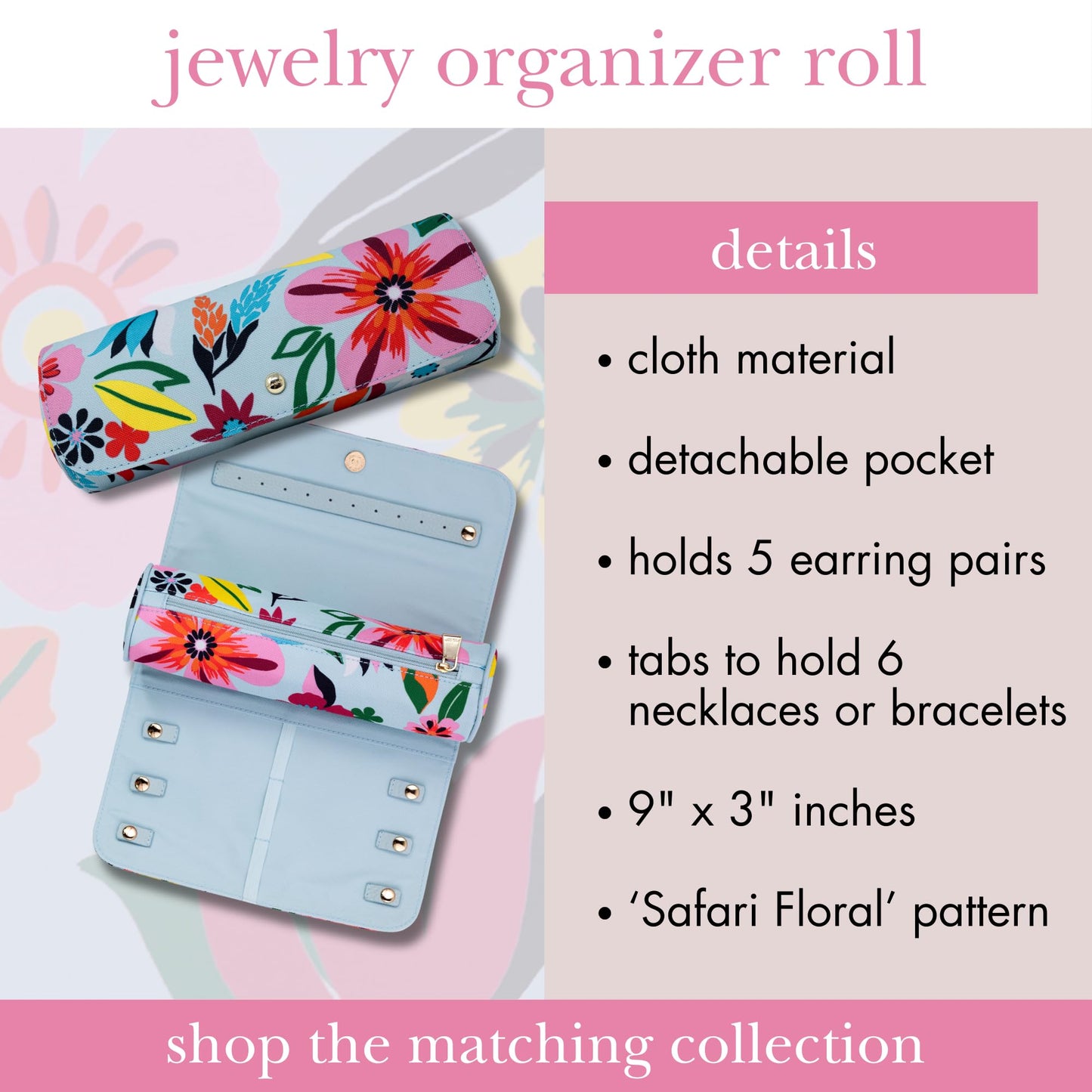 kate spade new york Travel Jewelry Case Organizer, Fabric Jewelry Box for Women, Cute Jewelry Organizer Holds Necklaces, Rings, Bracelets, Small Jewelry Roll (Safari Floral)