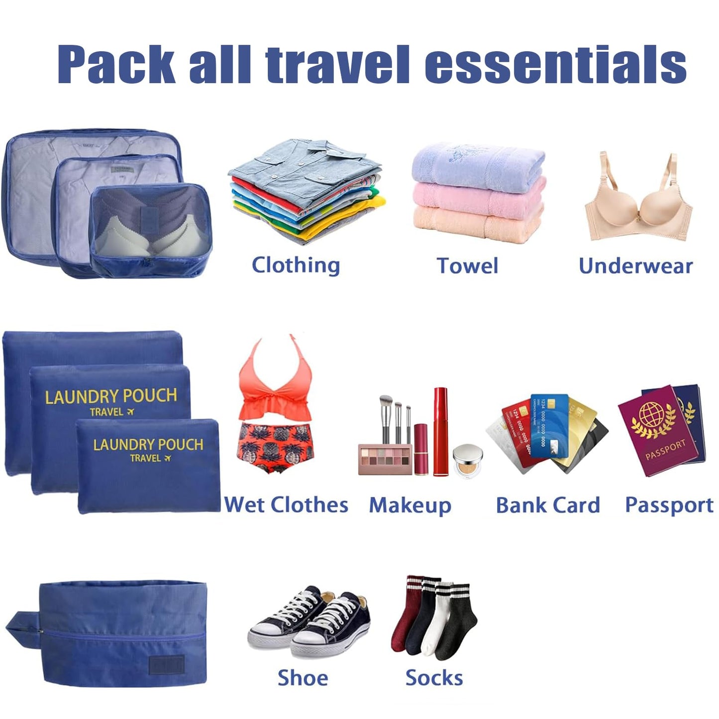 INVODA 7 piece Multi-size Packing Cubes for Travel Suitcase Organizer Bags Lightweight Travel Bags (Navy Blue)