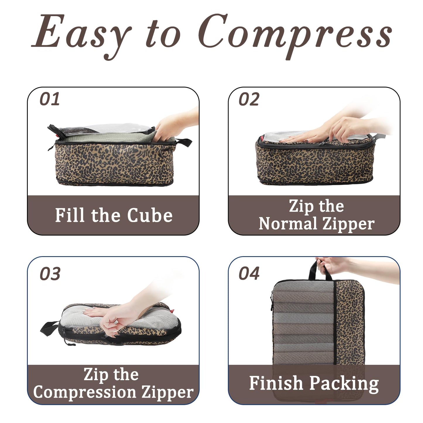 U+U 4 Set Compression Packing Cubes - Ultralight Travel Organizers, Space-Saving Suitcase Organizer, Expandable Packing Cubes for Travel, Business Trip and Family Vacation (Leopard)