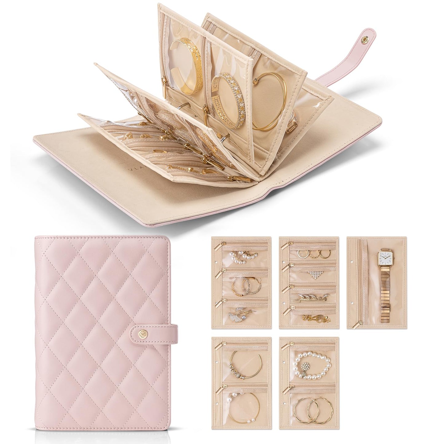 Vlando Travel Jewelry Case,Jewelry Organizer Box with Clear Zipper Velvet Jewelry Pouch Bag, PU Leather Jewelry Case,Gift for Women-Pink