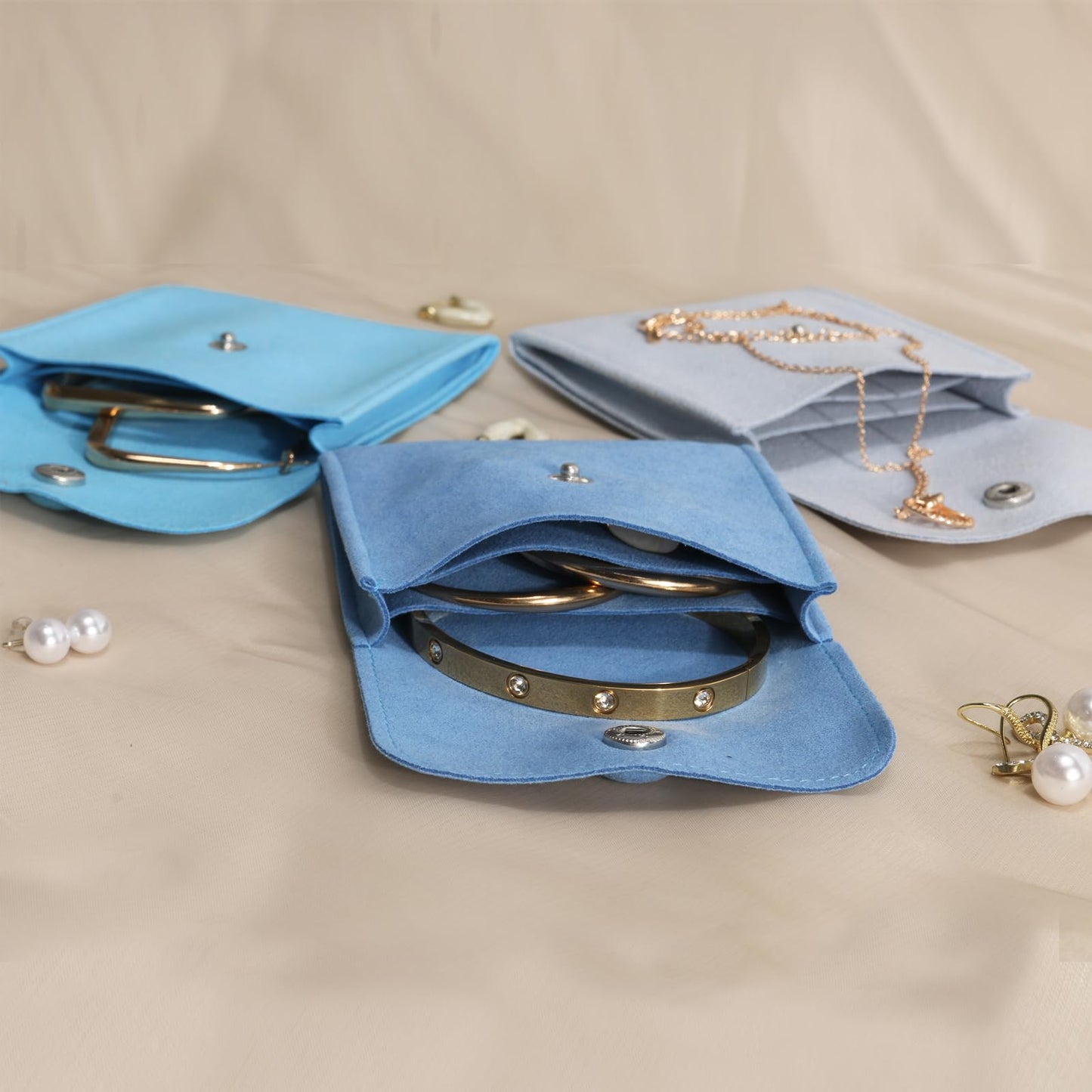 3pcs Small Jewelry Bags Button Jewelry Pouches Jewelry Organizer Cases Jewerly Rolls Small Bags for Jewelry Gift Bags Little Bags for Jewelry Travel Jewelry Pouch, 3"x3", Blue