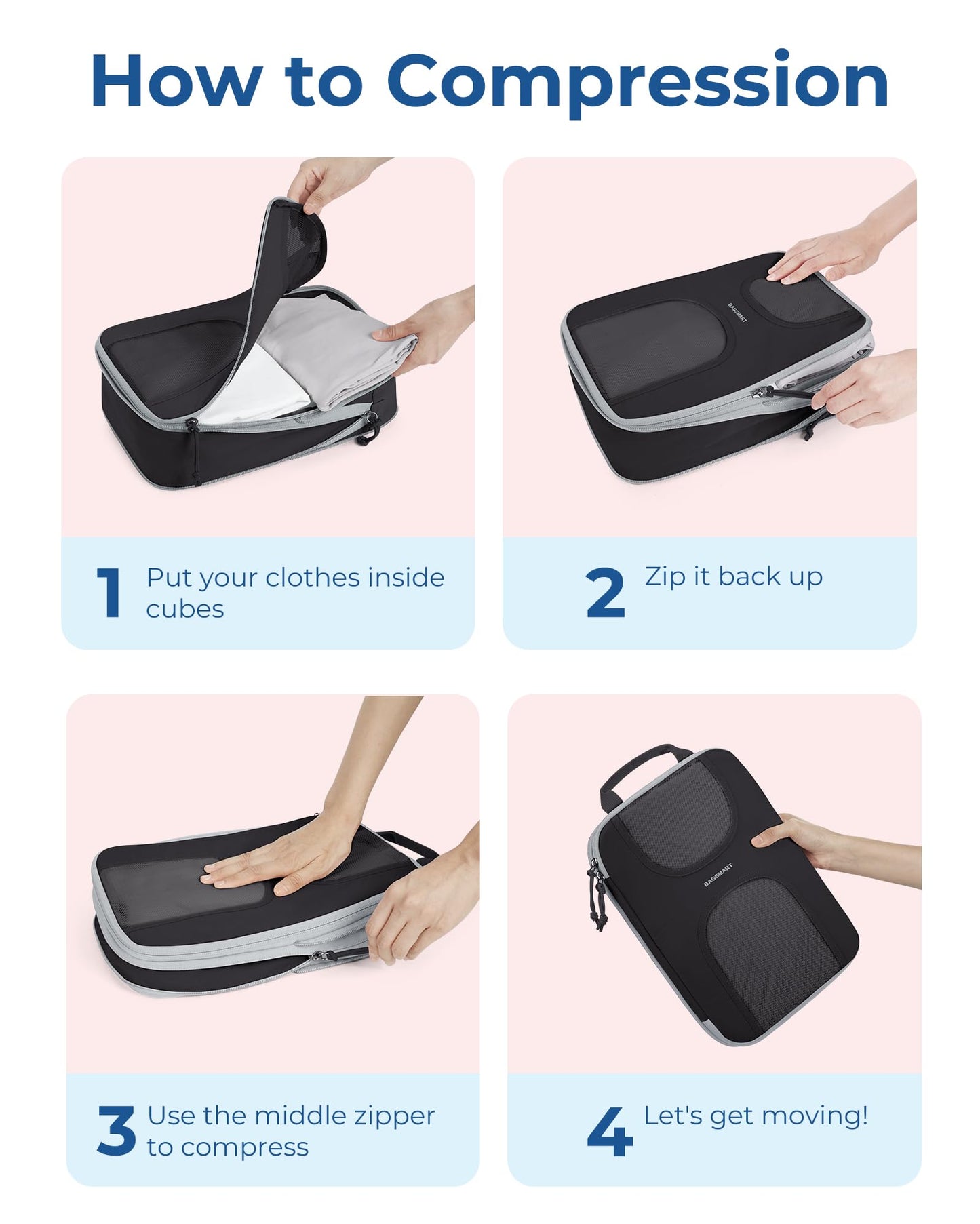 BAGSMART Compression Packing Cubes, 6 Set Packing Cubes for Suitcases, Lightweight Suitcases Organizers Bag Set & Compression Travel Cubes, Travel Essentials Packing Organizers Black