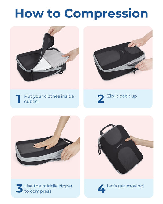 BAGSMART Compression Packing Cubes, 6 Set Packing Cubes for Suitcases, Lightweight Suitcases Organizers Bag Set & Compression Travel Cubes, Travel Essentials Packing Organizers Black