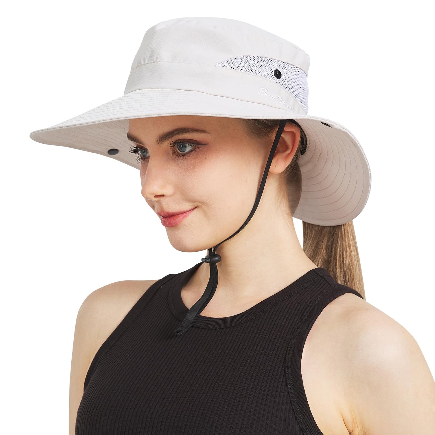 NPJY Ponytail Sun Hats for Women Men 3” Wide Brim UPF 50+ Fishing Beach Bucket Hats Beige