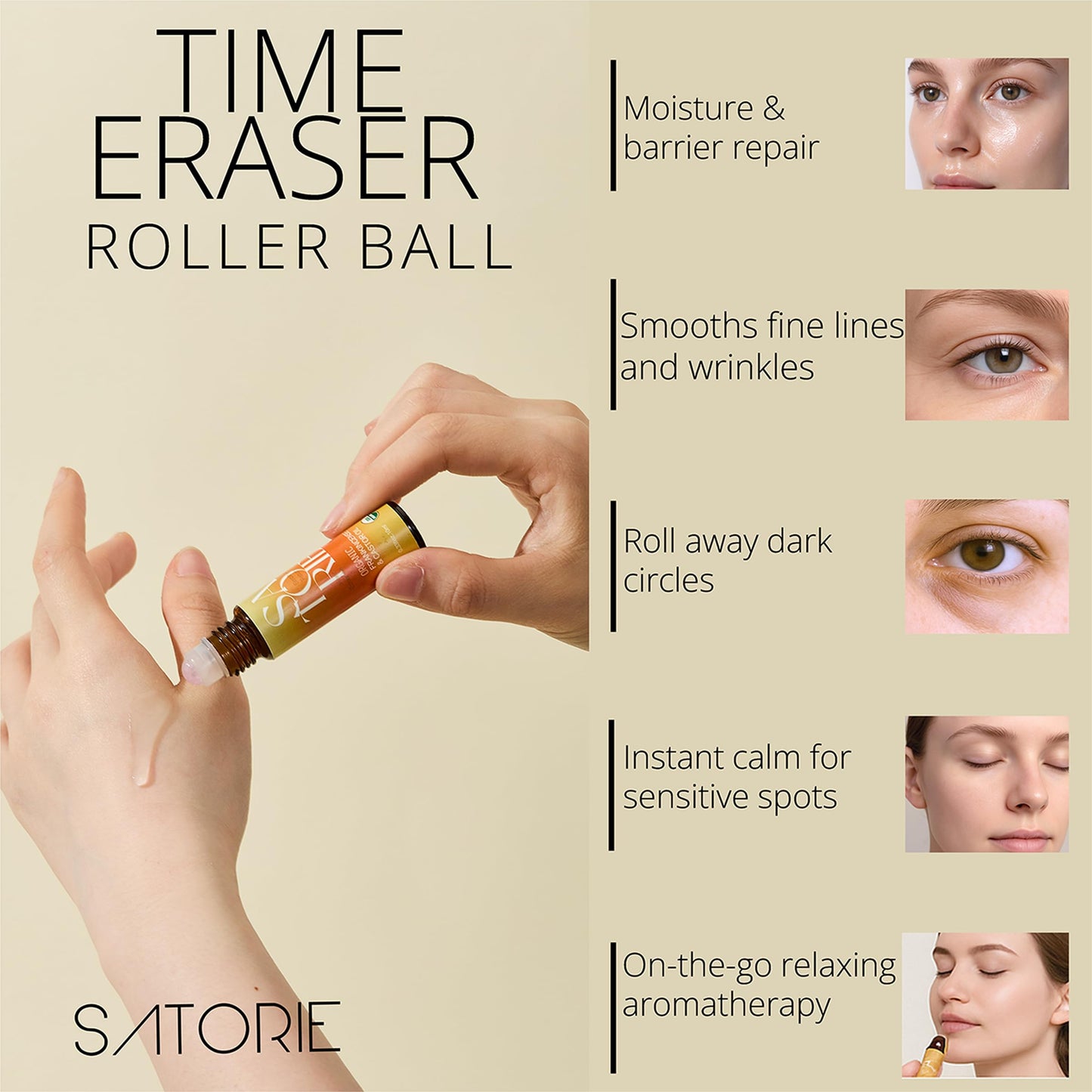 SATORIE Organic Castor & Frankincense Oil with Rose Quartz Rollerball - USDA Certified Essential Blend Oil Roll-On, Time Eraser Rollerball, for Face, Under Eyes, Anti-Aging, Dark Circles